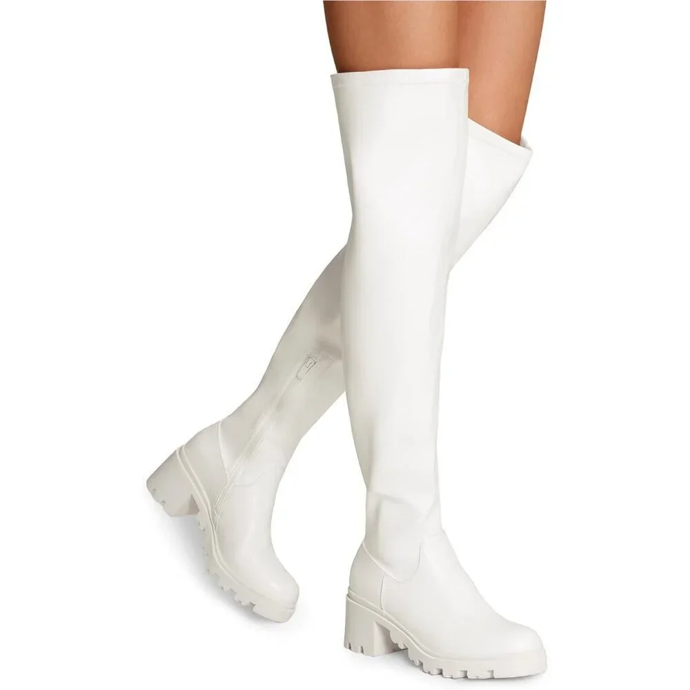 Women's White-pu Faux Leather Knee High Over The Knee High Chunky Heel Boots